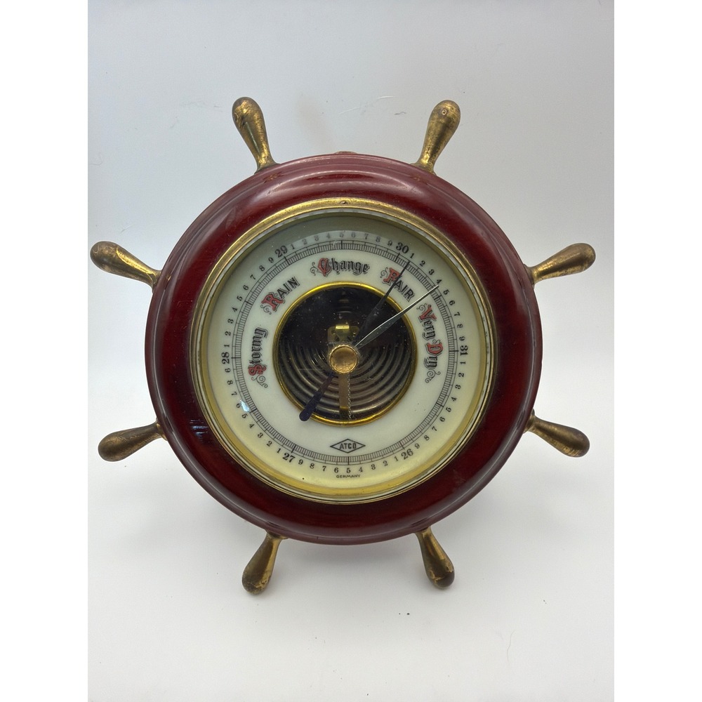 Vintage ATCO Ship Wheel Barometer Germany Nautical Brass Wood Weather Station